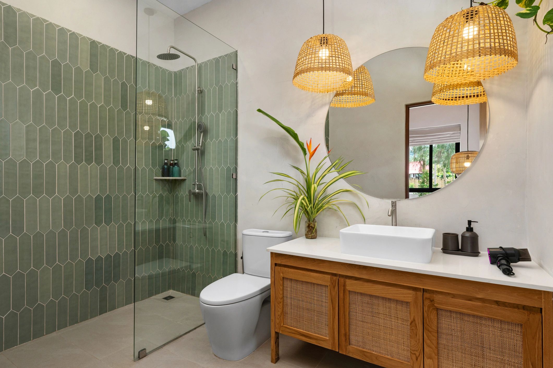 Beautiful modern bathroom with double vanity, elegant shower, and serene lake-facing feel