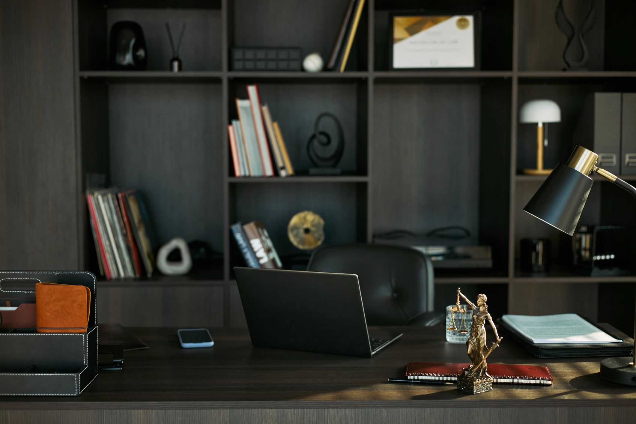 Sophisticated home office with a polished desk setup and upscale finishes